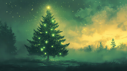 Green lights twinkle on a festive christmas tree set against a calm winter wonderland Twinkle. Illustration