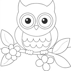 Adorable Cartoon Owl with Big Eyes Perched on a Branch for Coloring Pages and Creative Projects