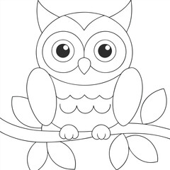 Adorable Cartoon Owl with Big Eyes Perched on a Branch for Coloring Pages and Creative Projects