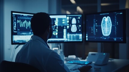 Obraz premium A healthcare professional utilizing connected medical devices and telemedicine technology to remotely track a patient's vital signs and monitor their progress