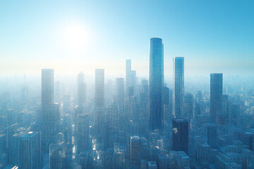 Aerial view of futuristic city skyline in morning haze.