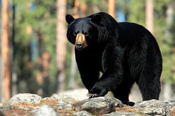 Realistic Black Bear Walking Through Forest Landscape Surrounded by Rocks and Trees in Natural Habitat