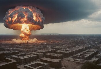 A Nuclear Explosion Over an Urban Landscape, Capturing the Harrowing Aftermath and Destruction