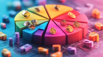 A conceptual 3D pie chart with vibrant colored segments, each section featuring detailed money bags and golden dollar signs, surrounded by dynamic holographic overlays,