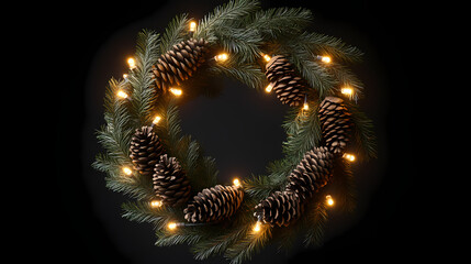 Simple yet elegant christmas wreath with pine cones and twinkle lights, rustic decoration, twinkle lights. Twinkle. Illustration