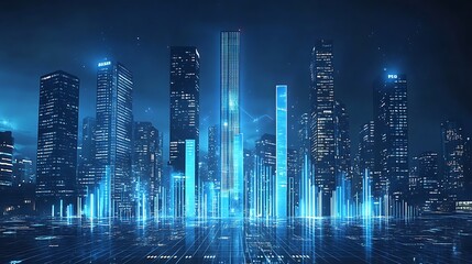 A conceptual bar graph of skyscrapers, each building representing financial growth, glowing softly under a futuristic city skyline,