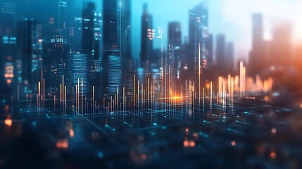 A conceptual bar graph of skyscrapers, each building representing financial growth, glowing softly under a futuristic city skyline,