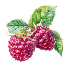 Fototapeta premium Beautiful watercolor drawing of fresh raspberries with green leaves isolated on a transparent background, raspberries in drawing isolated on transparent background