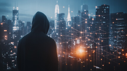 Hacker are planning to hack and attack networks and cyber security , innovative Smart city and graphs with statistics to analyze business potential and predict future developments in company growth