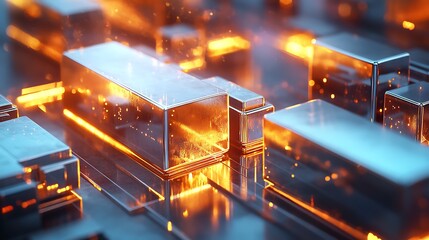 A conceptual investment graph featuring dynamic arrangements of gold and silver bars, glowing under soft neon highlights,