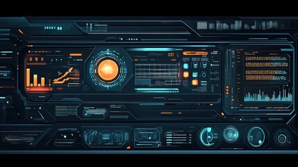 Futuristic digital interface with glowing HUD elements, graphs, and data visualizations.