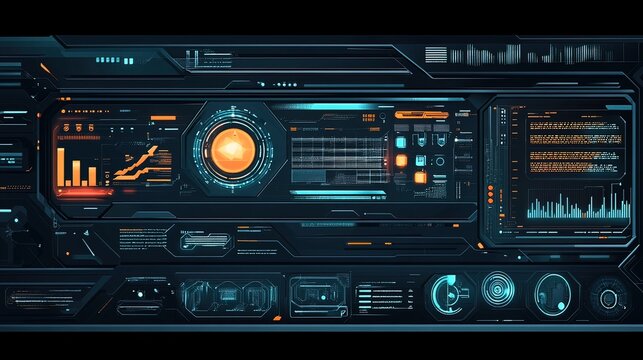 Futuristic digital interface with glowing HUD elements, graphs, and data visualizations. - Powered by Adobe