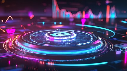 Futuristic glowing digital interface with circular data display and vibrant neon lights.