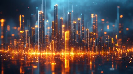 Fototapeta premium A creative 3D bar graph designed as skyscrapers rising dynamically, glowing lights indicating business growth, intricate architectural details,