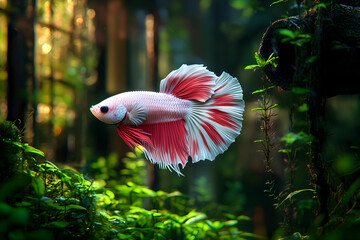 Obraz premium Graceful Betta Fish Swimming Elegantly in Lush Aquatic Environment with Vibrant Colors and Soft Lighting