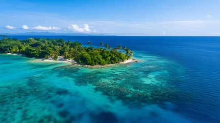 Obraz premium island in the middle of clear blue water, with palm trees and colorful fish swimming around it. Generative AI