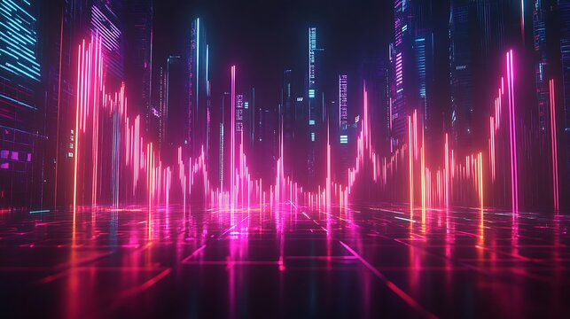 A creative 3D financial graph with glowing stock ticker symbols embedded in the design, vibrant neon lights illuminating the graph, set against a sleek black futuristic background, dynamic lighting,