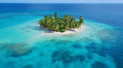 island in the middle of clear blue water, with palm trees and colorful fish swimming around it. Generative AI