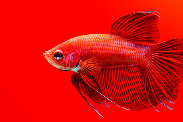 Fototapeta premium Vibrant Red Betta Fish Swimming Gracefully Against a Bold Red Background in an Aquatic Setting