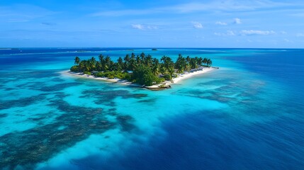Obraz premium island in the middle of clear blue water, with palm trees and colorful fish swimming around it. Generative AI