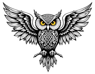 Obraz premium A visually stunning black and white tattoo design featuring a stylized owl with vivid yellow eyes