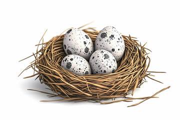 Obraz premium Close-Up View of a Natural Nest with Speckled Eggs on a White Background