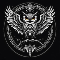 Fototapeta premium A visually stunning black and white tattoo design featuring a stylized owl with vivid yellow eyes