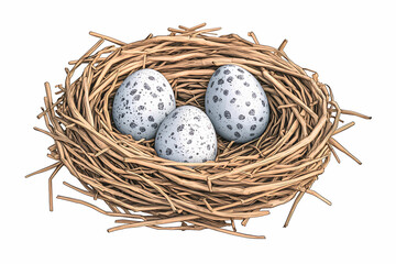 Realistic Illustration of a Bird Nest Containing Three Speckled Eggs on a Natural Background