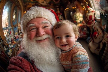 Jolly xmas, Ñute baby boy happy with santa claus. Christmas ad campaign concept art graphic for print ad and online use. Christmas photo santa kids. Xmas festive banners. Holiday family phot.