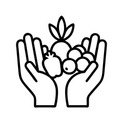 farmers hands with veggies icon, vegetarian day line art, vegetarian icon - simple black line art icon of farmers hands with veggies, or vegetarian day celebrations. vegetarian day vector art.