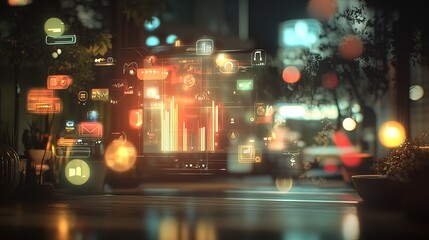 Futuristic holographic interface displays data analytics and social media icons in a city night scene.