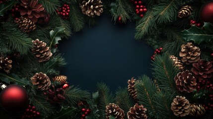 Festive Christmas decorations frame blank space, featuring pinecones, ornaments, and greenery, creating warm and inviting holiday atmosphere