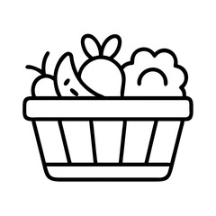 fresh produce basket icon, vegetarian day line art, vegetarian icon - simple black line art icon of fresh produce basket, or vegetarian day celebrations. vegetarian day vector art.