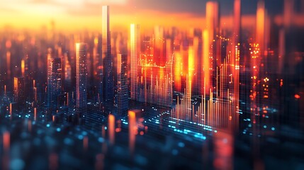 A dynamic 3D investment bar graph merging into a glowing modern city skyline, skyscrapers reflecting light from a radiant sunset, detailed textures on buildings, futuristic design elements,