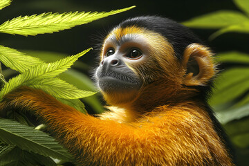 Fototapeta premium Charming Young Monkey Curiously Observing Green Leaves in a Tropical Forest Environment