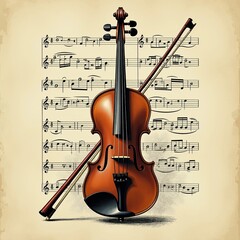 Fototapeta premium Artistic violin and bow composition, vintage engraving for musical wall art.