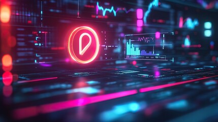 Futuristic neon interface displays data charts and graphs, financial market analysis, digital technology, glowing symbol.