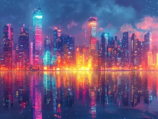 Fototapeta premium Embrace the vibrant energy of a city skyline with glowing lights and colorful reflections