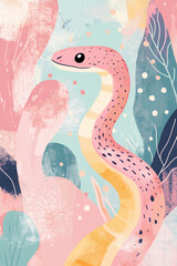 Illustration of a snake, pastel colors, that could be used for New Year's cards.