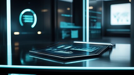 Futuristic tablet displaying data on a sleek, dark surface in a modern tech environment.