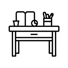 teacher s desk with supplies icon, teachers’ day line art, teachers day icon - simple black line art icon of teacher s desk with supplies, for teachers’ day celebrations. teachers day vector art.