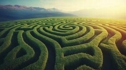 Aerial View of Green Maze in Mountain Landscape at Sunset
