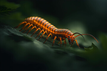 Fototapeta premium Vibrant Orange Millipede Crawling on Leaf Surface in Lush Green Environment with Soft Light Focus