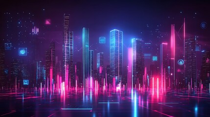 Fototapeta premium A futuristic financial graph with tall skyscrapers replacing the bars, glowing in vivid neon tones, surrounded by floating holographic data symbols, set in a high-tech digital urban setting.