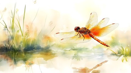 Naklejka premium Beautiful watercolor illustration of a dragonfly flying above a serene pond surrounded by soft, delicate grasses and vibrant colors, capturing nature’s tranquility and elegance.