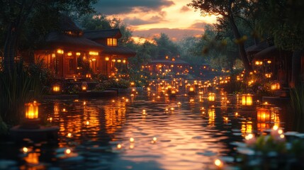Fototapeta premium Enchanted Lakeside Village at Sunset: A Serene Digital Painting