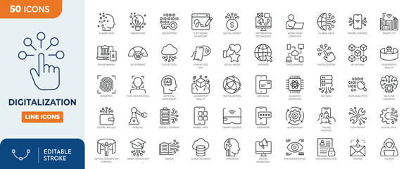 Digitalization Line Editable Icons set. Containing digital tech, digitalizing, embedded system, setting, technology, virtual data, and More. Vector Illustration