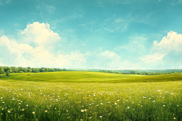 Bright green meadow with colorful wildflowers under a clear blue sky on a sunny day
