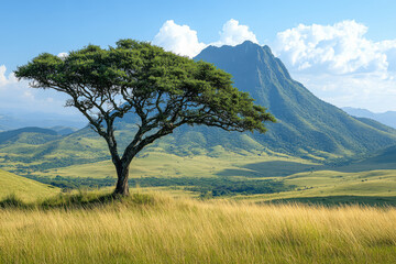 Fototapeta premium Majestic tree stands alone against a vast mountain landscape during daytime hours