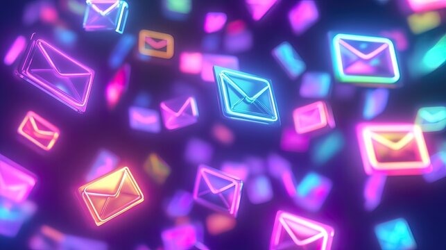 Glowing neon email icons float in dark space; digital communication concept.